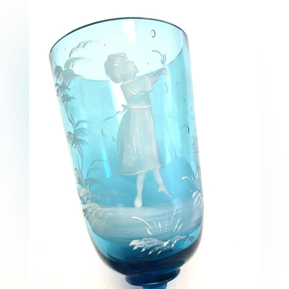 Vintage Hand Painted Glass Azure Blue Stemware Drinking Goblet With Girl - Picture 2 of 6